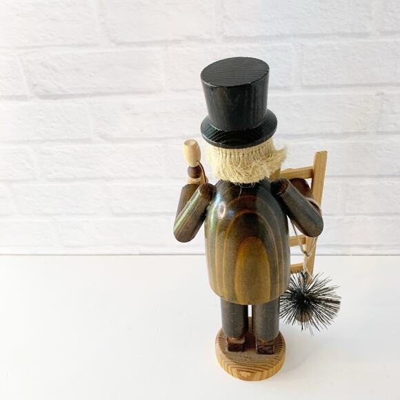 Vintage Erzgebirge Chimney Sweeper Wood Carved Smoker Ladder Brush Figure 8" - Picture 3 of 7